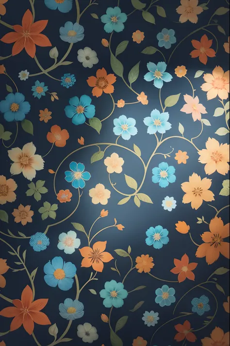 a blue and orange floral pattern with leaves and flowers, floral pattern, forest with flowers blue, indigo blooming flowers garden, floral wallpaper, floral motives, floral explosion, dark flower pattern wallpaper, plants allover, in the jungle. bloom, blu...