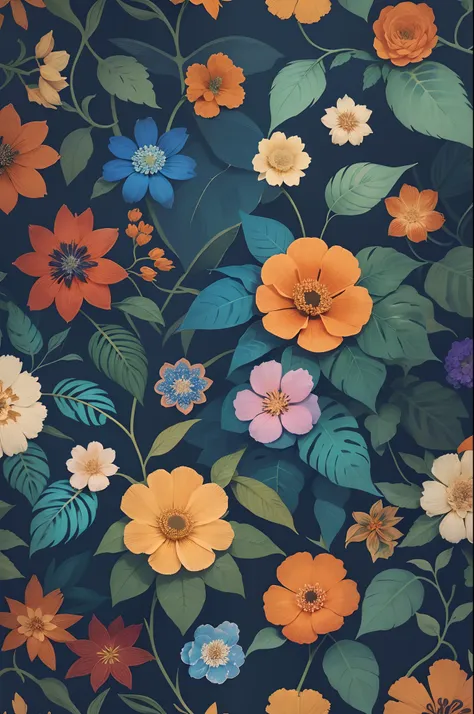 a blue and orange floral pattern with leaves and flowers, floral pattern, forest with flowers blue, indigo blooming flowers garden, floral wallpaper, floral motives, floral explosion, dark flower pattern wallpaper, plants allover, in the jungle. bloom, blu...