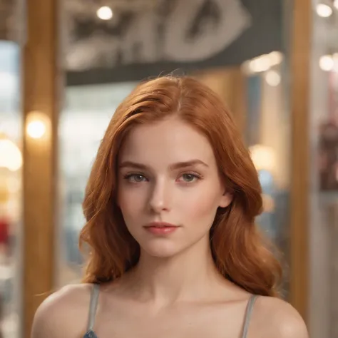 A 20 year old italian girl, ginger tied up hair, gray eyes, and a perfect face, rendered in a photorealistic style with sharp edges and a vibrant atmosphere, standing inside a toy store with a top tank shirt, front view, cute posing, big lips,