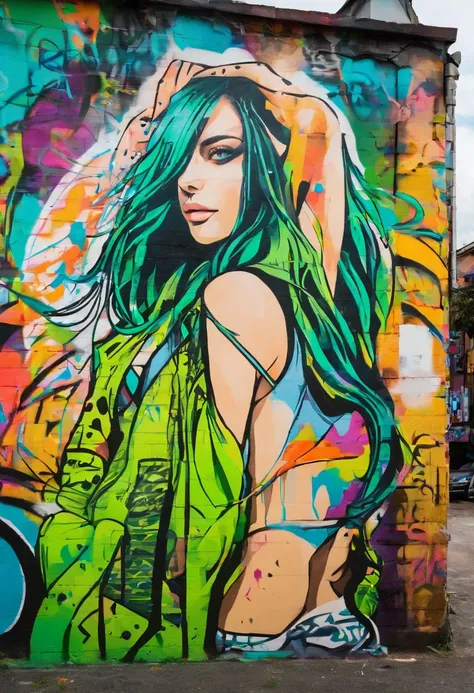 Beautiful girl looks like Billie Eilish, sexy figure, sexy pose, hot clothes, green and black hair, beauty face