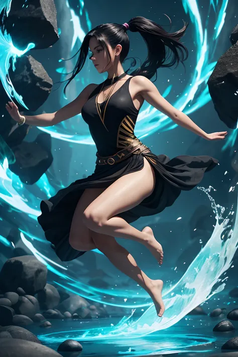 Cinematic, 1girl, ponytail, black hair, bare shoulders, levitating, floating rocks, floating water, colorful aura, energy flowing, dynamic pose, upper body, fantasy background