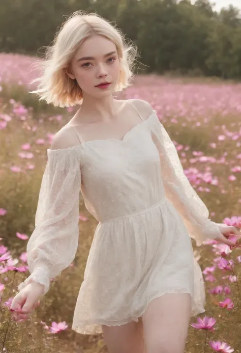 Very short hairstyle、Little fat girl、Cosmos Field、(((Cosmos blooms profusely)))、(((cosmos)))、Autumn sunshine pouring down from behind、The atmosphere of Elle Fanning、tiarra、cotton dress、(((thighs thighs thighs thighs)))、bare-legged、white  hair、Curly、angry l...