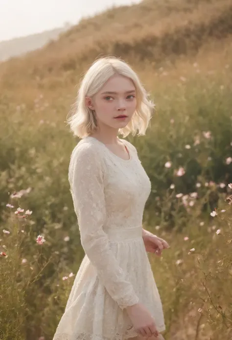 Very short hairstyle、Little fat girl、Cosmos Field、(((Cosmos blooms profusely)))、(((cosmos)))、Autumn sunshine pouring down from behind、The atmosphere of Elle Fanning、tiarra、cotton dress、(((thighs thighs thighs thighs)))、bare-legged、white  hair、Curly、angry l...