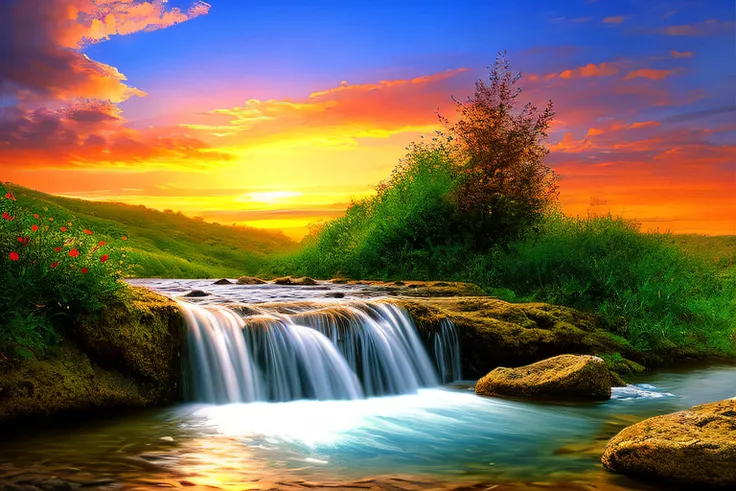 rocher, Very realistic waterfall, coucher du soleil, fleurs