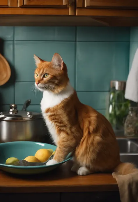 cat washing dishes