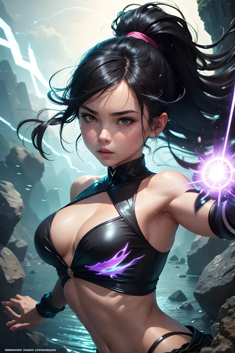 Cinematic, 1girl, ponytail, black hair, bare shoulders, levitating, floating rocks, floating water, colorful aura, energy flowing, dynamic pose, upper body, fantasy background