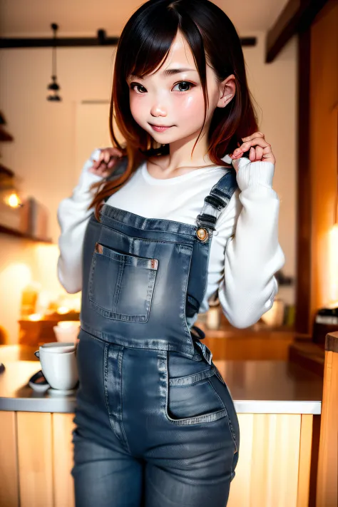 (masutepiece), Best Quality, Ultra-detailed,girl with,White Business Shirt、Dark blue apron、Cute overalls、store clerk、bionde、small nose、Serving coffee to the audience、((blurry backround:1.5))、Quaint coffee shop、In the dimly lit chamber、Warm lighting