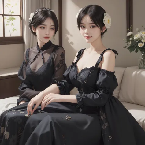 ((Best Quality))), (8K picture quality), ((Masterpiece)), (Very sophisticated、Beautiful fece), (wearing dresses) , (1womanl), (black-short-hair), Dress up, with floral pattern, Soft silk fabric, 电影灯光, Gentle facial expressions, (A slight smil:1.3), ((light...