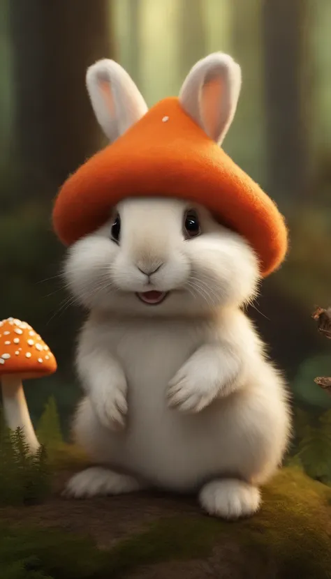 adorable creature，Similar to a mixture of rabbit and carrot, Adorable, Cute, Furry, Fluffy, forest, Mushrooms, Wear a mushroom hat