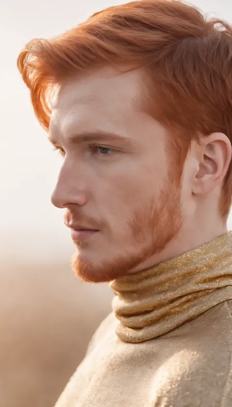 young red-haired man, in turtleneck shirt, gold color, dynamic pose, side view, light background, front lighting, medium shot, high quality photo --ar 2:3 --v 5