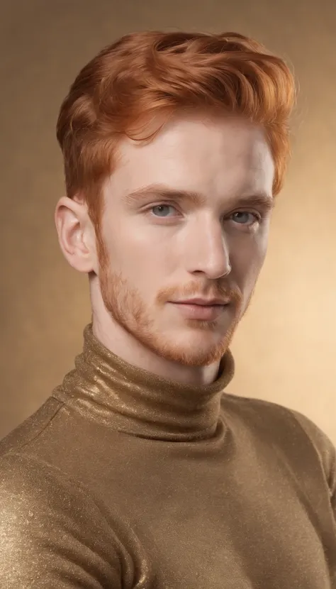 young red-haired man, in turtleneck shirt, gold color, dynamic pose, side view, light background, front lighting, medium shot, high quality photo --ar 2:3 --v 5