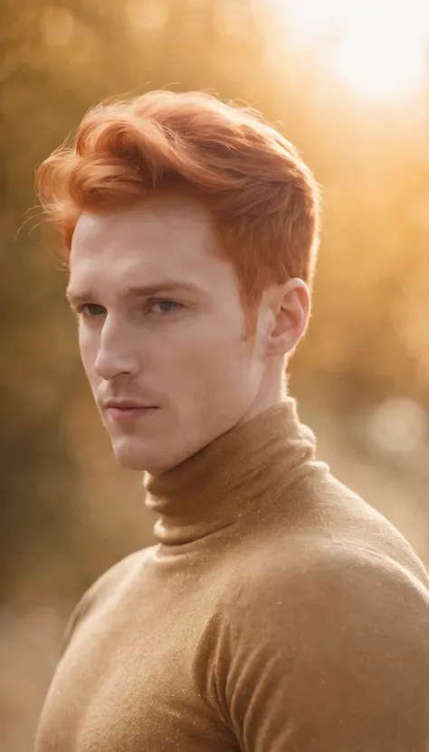 young red-haired man, in turtleneck shirt, gold color, dynamic pose, side view, light background, front lighting, medium shot, high quality photo --ar 2:3 --v 5