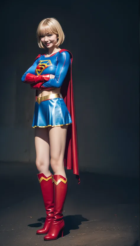 Arms crossed、(((Make the most of the original image)))、(((Supergirl Costume)))、(((shiny short hair)))、(((Suffering)))、(((Feet must necessarily be worn with black tights)))、(((Smile)))、(((You need to wear red boots)))、((Top image quality、8K))、((top-quality、...