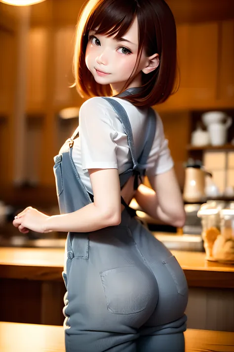 (masutepiece), best quality, ultra-detailed,girl with,white business shirt、dark blue apron、cute overalls、store clerk、bionde、smal...