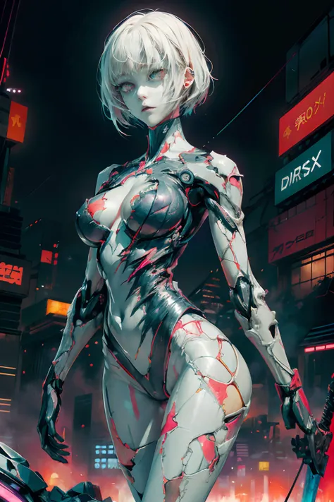 masutepiece,1girl in, Best Quality,cyberpunked,(Alternative、dim colors, Soothing tones:1.3).NSFW,(slenderbody、Female body、broken clothes:1.3)(well-shaped breasts:1.5).（Arms and legs are mechanical:1.5）Cyber City Destroyed、Doomsday Harem、Doomsday World、Cybe...