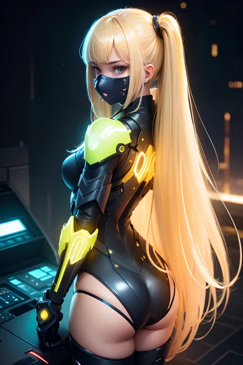 1girl, blonde hair, long hair, straight hair, yellow eyes, bangs, cyber armor, skin tight, neon trim, face mask, from above, from behind, turning head, looking at viewer, looking back, night sky, neon lights, Mysterious