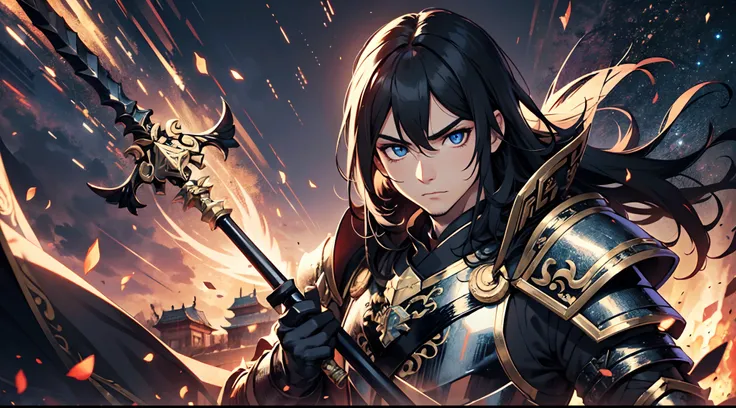 1 Boy, Chinese Emperor, Armored With Pure Black Armor, Holding Dual Spear, Handsome, Long Black Hair, Galactic Pupil Eyes, 8k, Ultra High Definition,