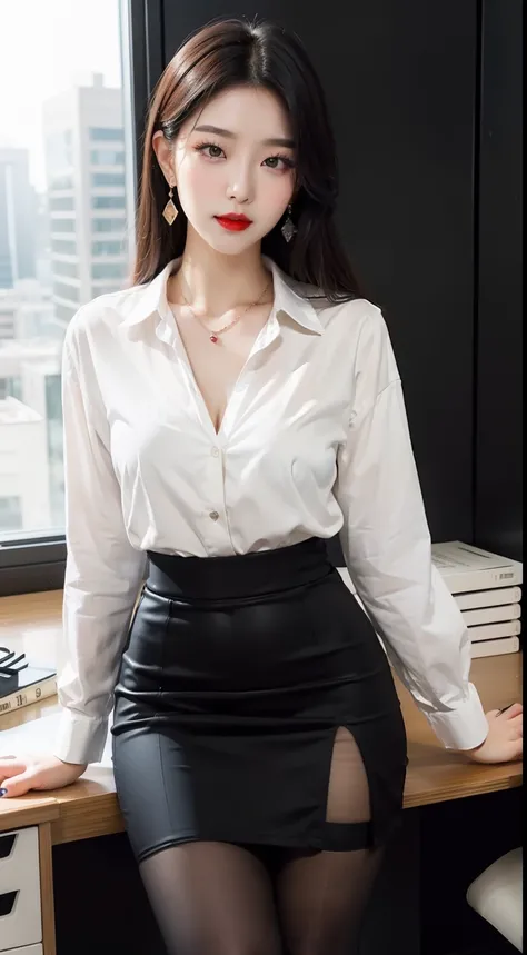 Beautiful Girl, Korean makeup, Red lips, Perfect body, medium chest, thigh, secretary, office, necklace slit shirt, Pencil skirt, black tights, View of the office,