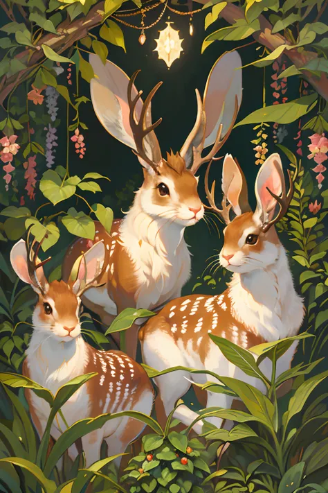 Vintage Victorian style　Precise botanical encyclopedia (best quality:1.2), (detailed:1.2), (masterpiece:1.2), vintage botanical illustrations of a rabbit bunny with deer horns, jackalope, herbs and plants, strawberry garden