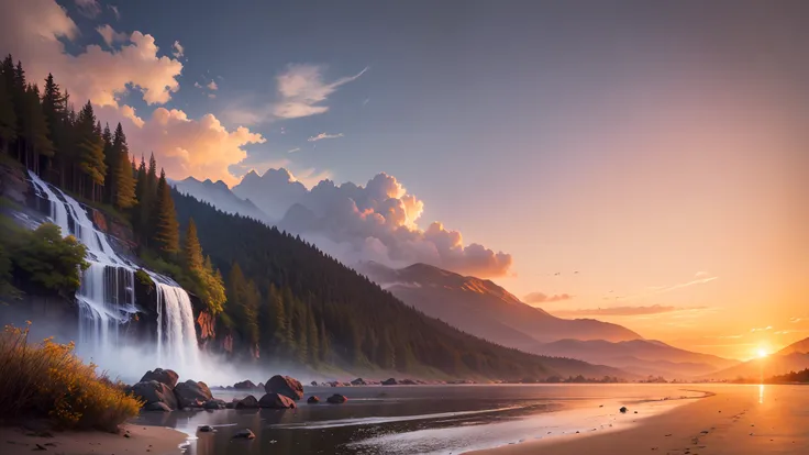 Landscape waterfall in mountains sunset image best quality, high quality, beautiful wallpaper deserted beach 8k extremely detailed, photography --auto --s2