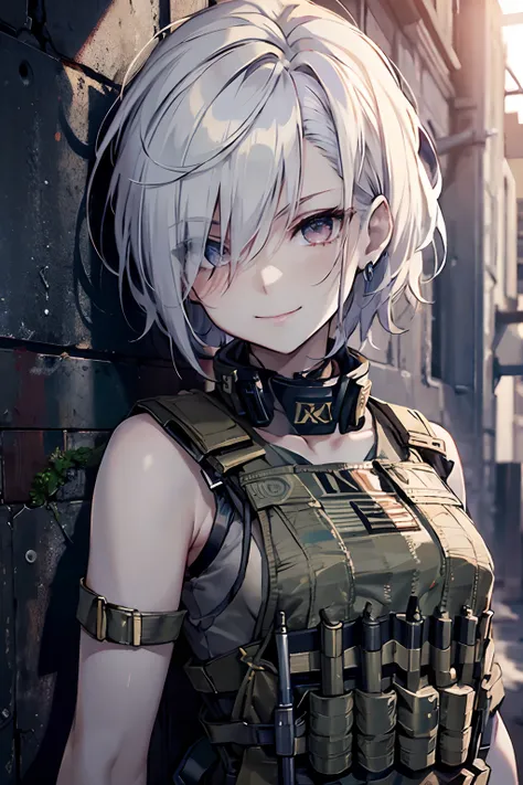 (( best quality, masterpiece, )) white hair, crimson eyes, pale skin, short hair, tomboy, smile, albino, military uniform, kevlar vest, small breasts