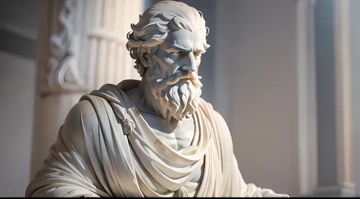 a realistic of bust greek white marble statue of aristoteles philosopher wearing a ghostly toga, neutral background, moody, stoic , photorealistic, cinematic scene, super detailed, hyper realistic, bright lights, 8 k --auto --s2