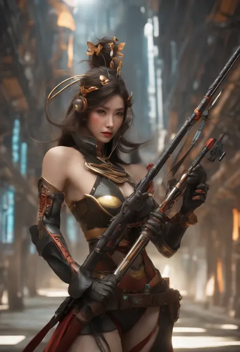 Android Female Warrior、美丽的面容、The body is surrounded by tubes and cords.、Holding a sword、Lowering a rifle from the shoulder、From the opposite shoulder the magazine band is lowered.、One eye is