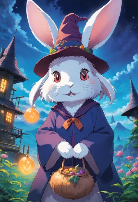 A rabbit bunny wearing a witch hat