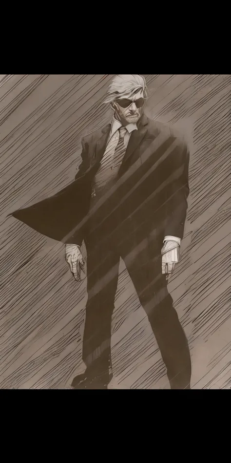 there is a drawing of a man in a suit and tie, o homem de areia da graphic novel, estilo frank miller,  foto realista, chuva lev...