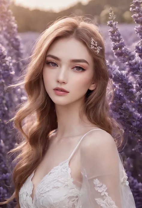 (Advertising photo for luxury cosmetics), fashion model, looking at viewer, upper body, lavender, flower field, blossom, wind blowing through, flowing hair ,subtle smile, elegant, ultra-detailed face, detailed eyes, shiny skin, lustrous lips ,(official art...