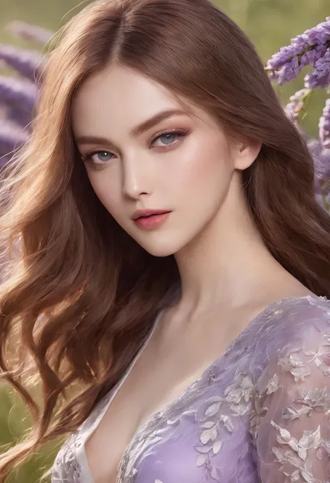 (Advertising photo for luxury cosmetics), fashion model, looking at viewer, upper body, lavender, flower field, blossom, wind blowing through, flowing hair ,subtle smile, elegant, ultra-detailed face, detailed eyes, shiny skin, lustrous lips ,(official art...