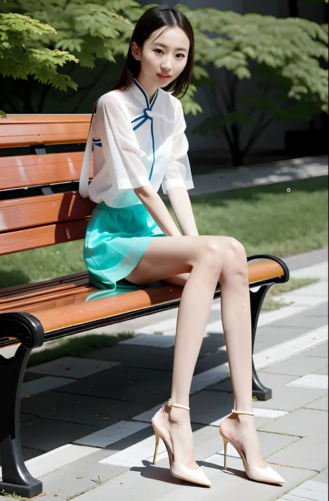 there was a chinese woman sitting on a bench, wear an ultra-thin transparent light-colored tight skirt, sitting on a park bench,...