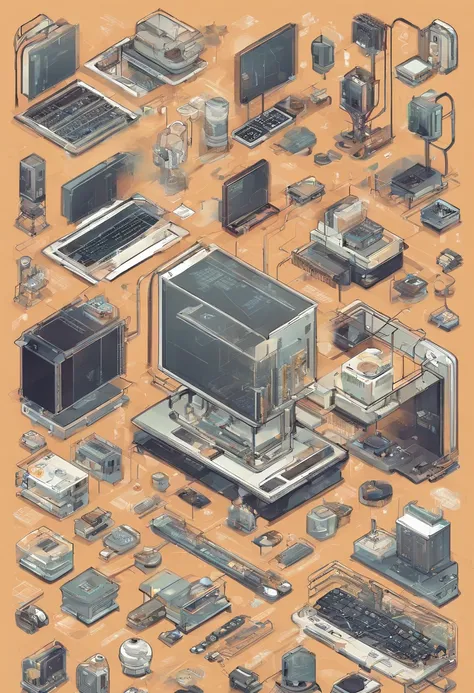 Hardware and software computer technology background. Isometric elements of development, engineering electronics systems and devices. Design, programming or coding of microcontrollers or chips, detailed