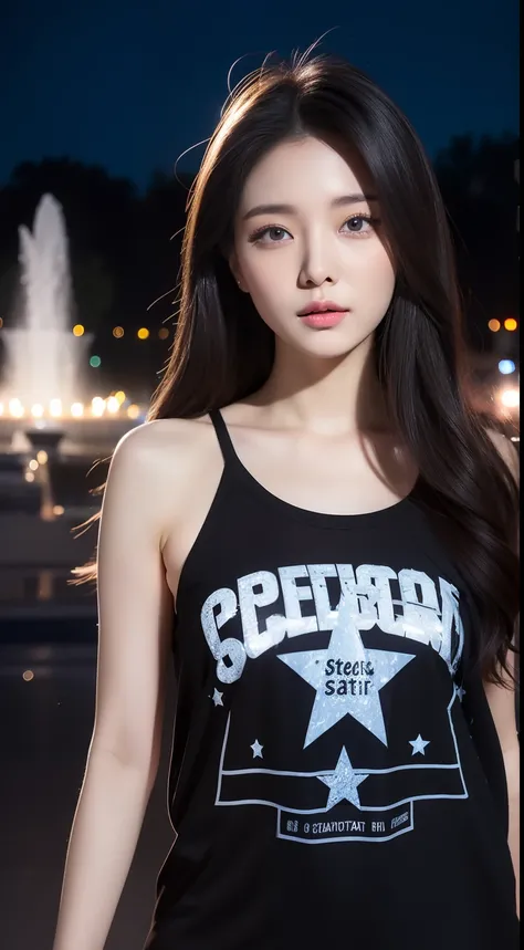 realistic photos of 1 cute Korean star, streaked hair, white skin, thin makeup, 32 inch breasts size, wearing t-shirt, fountain is backdrop, night, upper body portrait, sparkle, UHD