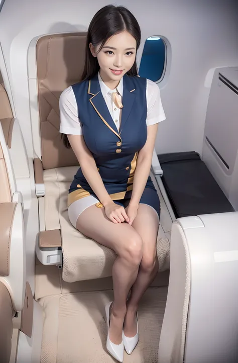 beautiful flight attendant in the seat of the plane，super beautiful，perfect bodies，meticulous beautiful flight attendant outfit，...