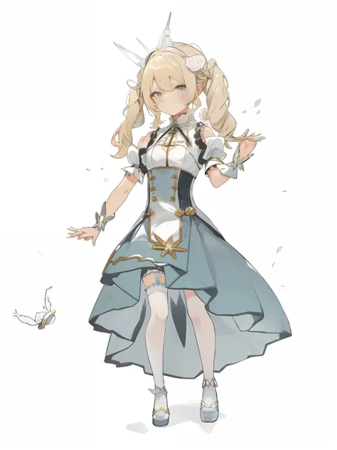 Ahoge blonde twin tails and metal hair ornament、White Sleeveless Cheongsam、White short-sleeved puff sleeves、White ruffled cuffs and metal bracelet、Light blue dress、white panniers、Metal choker、Metal Garter Rings、Metal pump