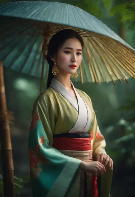 Masterpiece, extremely detailed CG unity 8k wallpaper, 1 girl, beautiful, realistic, blur, blurred background, blurred foreground, bamboo forest, depth of field, earrings, jewelry, nose, realistic, solo, hanfu, holding oli paper umbrella, rain