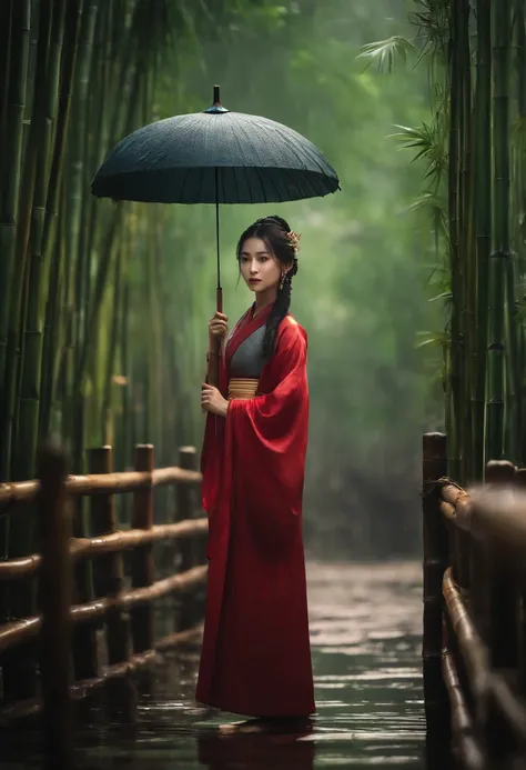 Masterpiece, extremely detailed CG unity 8k wallpaper, 1 girl, beautiful, realistic, blur, blurred background, blurred foreground, bamboo forest, depth of field, earrings, jewelry, nose, realistic, solo, hanfu, holding oli paper umbrella, rain