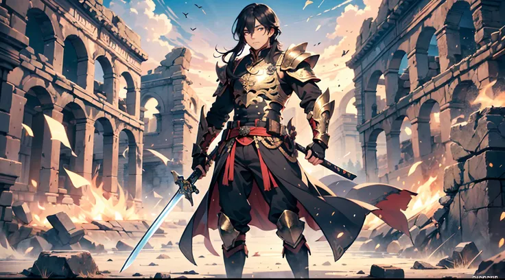 1 Boy, Chinese Emperor, Armored With Pure Black Armor, Holding A Sword, Handsome, Long Black Hair, Pure White Pupil Eyes, 8k, Ultra High Definition, Ancient Ruins Background, Chinese Hair Tie, Full Body Shot,