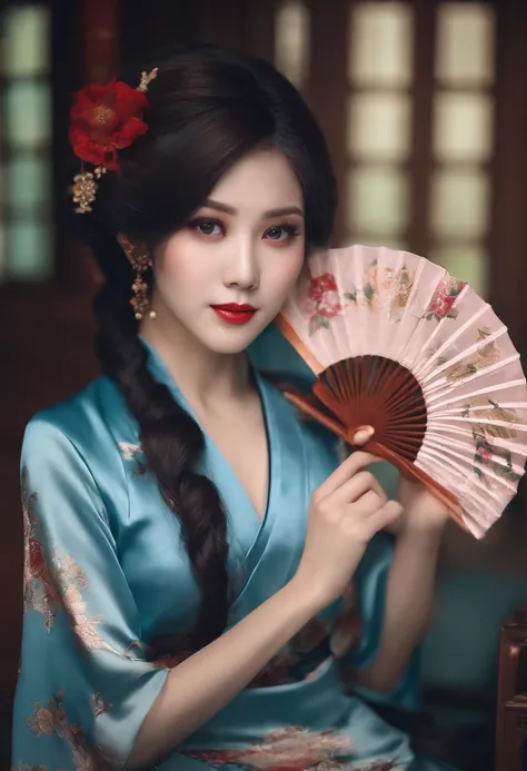 Brown eyes, blue hair, holding a fan, Chinese cheongsam