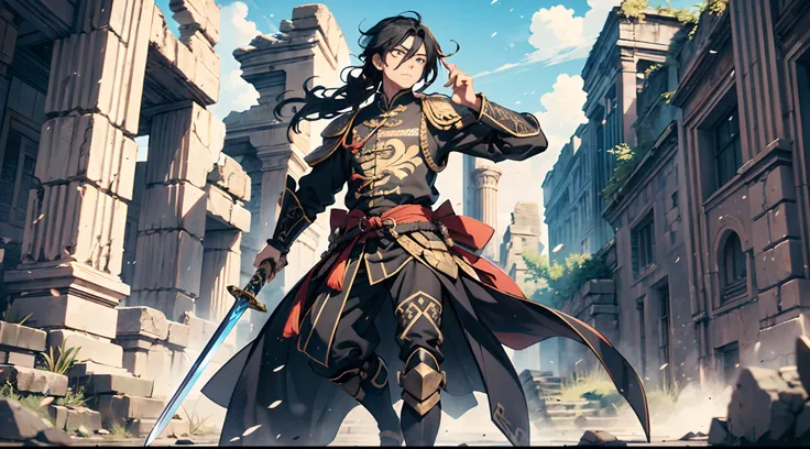 1 Boy, Chinese Emperor, Armored With Pure Black Armor, Holding A Sword, Handsome, Long Black Hair, Pure White Pupil Eyes, 8k, Ultra High Definition, Ancient Ruins Background, Chinese Hair Tie, Full Body Shot,