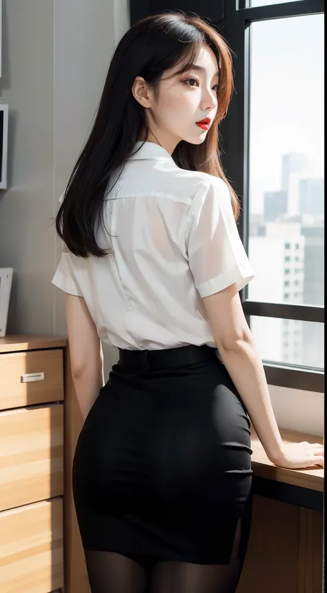 Beautiful Girl, Korean makeup, Red lips, Perfect body, medium chest, thigh, View from the back, look backwards, secretary, office, necklace slit shirt, Pencil skirt, black tights, View of the office,