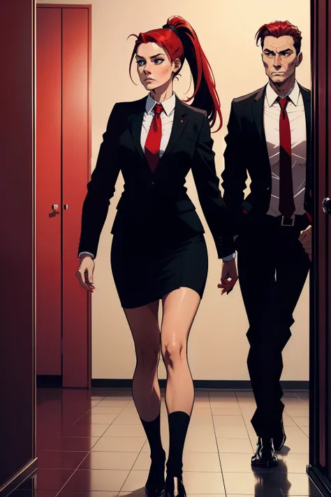 woman, red ponytail hair, wearing a black office suit, red tie,black office skirt, walking, no background