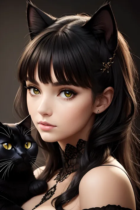 Girl with a black cat, beautiful face, incredible detail, high detail, gorgeous face,beautiful expressive look, perfect anatomy