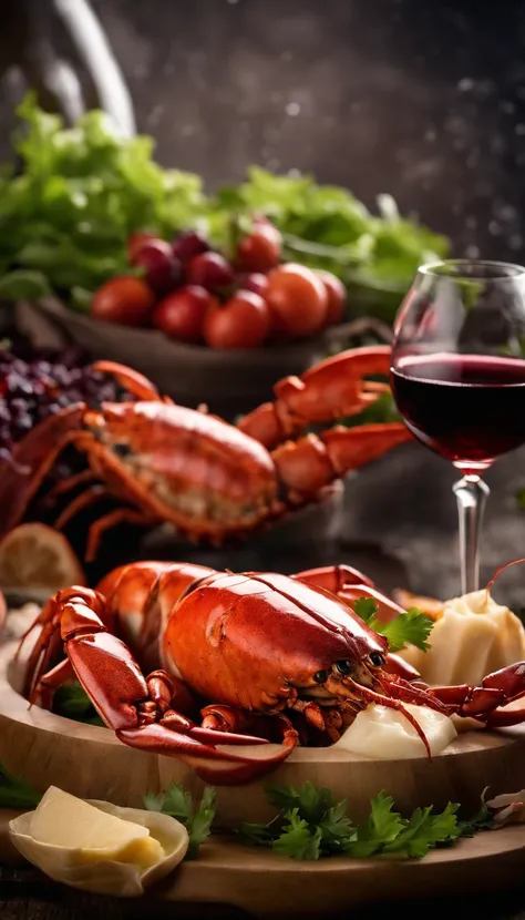 1 large Australian lobster, Place on a wooden plate, There is plenty of lettuce scattered on both sides of the plate、onion、salmon、mashed potatoes on the plate、Octopus and red wine。This photo is a huge full moon night sky background, The shade is warm, Brig...