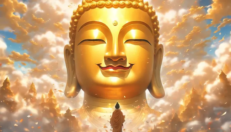 A huge golden Buddha statue rushed into the clouds，Pilgrims on the road，Light smile,China-style，In the distance, surrealism, stereograms, tachi-e, Atmospheric perspective, hyper photorealism, Cinematic lighting, god light, Super detail, ccurate, Best quali...