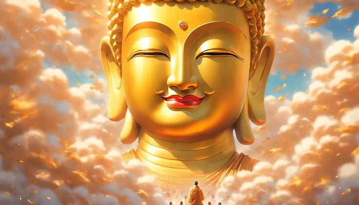 A huge golden Buddha statue rushed into the clouds，Pilgrims on the road，Light smile,China-style，In the distance, surrealism, stereograms, tachi-e, Atmospheric perspective, hyper photorealism, Cinematic lighting, god light, Super detail, ccurate, Best quali...