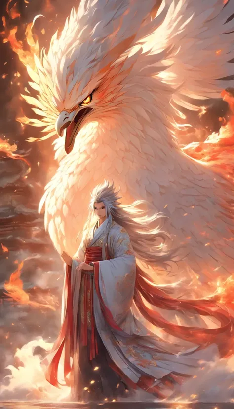 China-style，中景 the scene is，The Taoist priest stood in front of the huge firebird with spread wings，massive wings，Stretch your hands，Long messy hair，Glow effects，Hyper-realistic，Ultra photo realsisim，Chinese black and white ink style，Silver，Decolorization，...