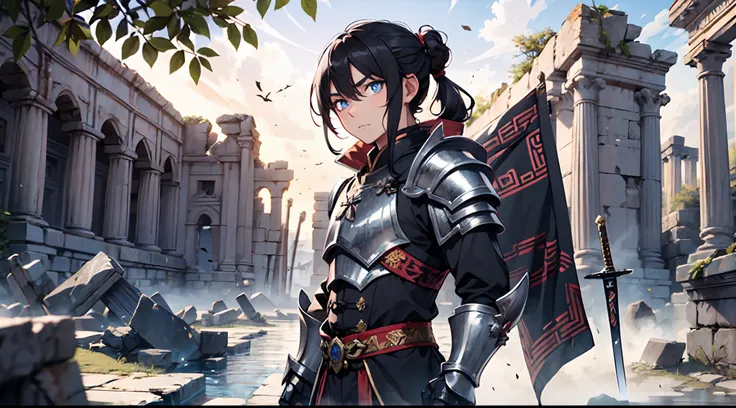 1 Boy, Chinese Emperor, Armored With Pure Black Armor, Holding A Sword, Handsome, Long Black Hair, Pure White Pupil Eyes, 8k, Ultra High Definition, Ancient Ruins Background, Hair Tied