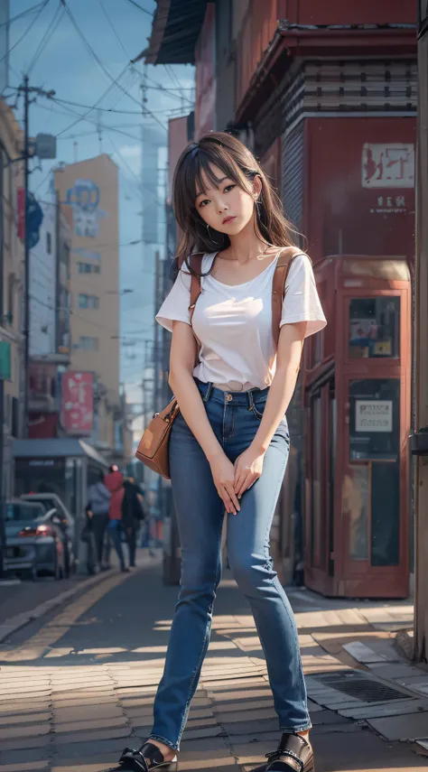 ((midynight, Need, 8k, tmasterpiece:1.3)), full bodyesbian, Long legs, Focalors:1.2, perfect figure beautiful woman:1.4, Slim abs:1.1, ((Dark brown hair, huge tit:1.2 )), (white tight t-shirt, Denim suspenders, standing on your feet:1.2), ((urban street sc...